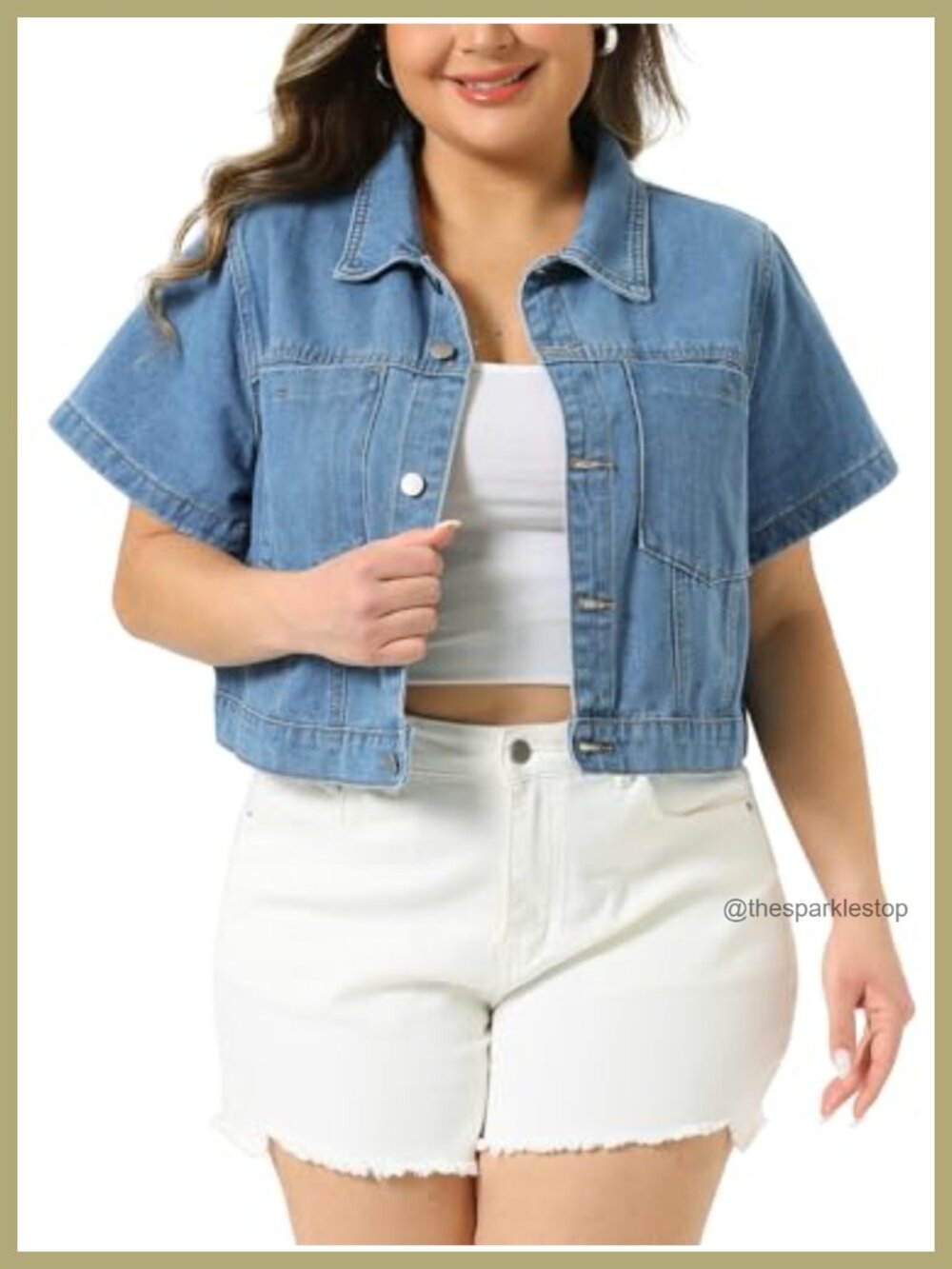 Plus Size Cropped Denim Jacket Button Front Cotton Blend